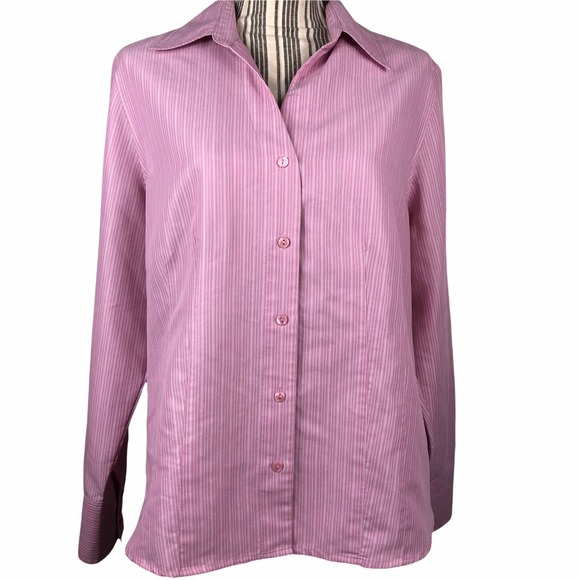 Dress Barn Women's Size L Pink Striped Long Sleeve Button Front V Neck Top - Picture 2 of 7